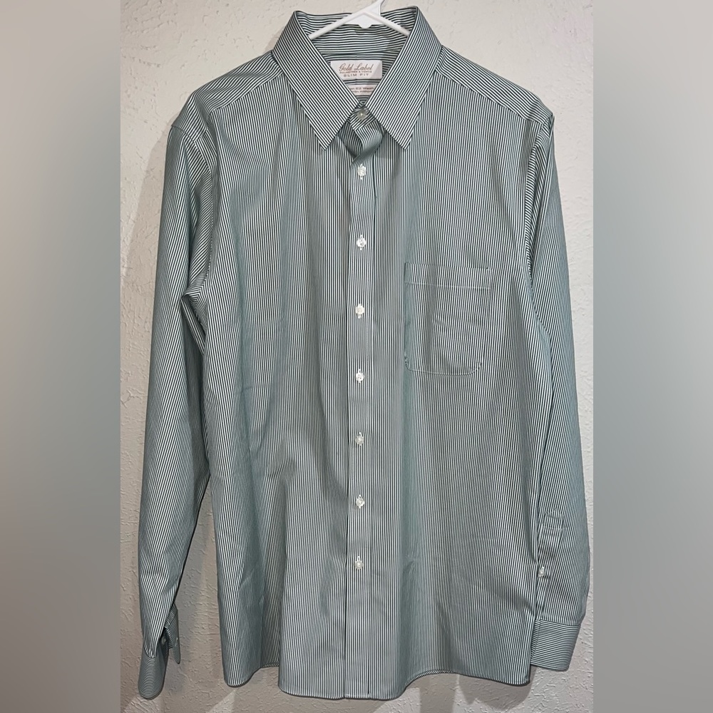 Dillards Gold Label Green and White Striped Dress Shirt Slim fit Size 16.5/35